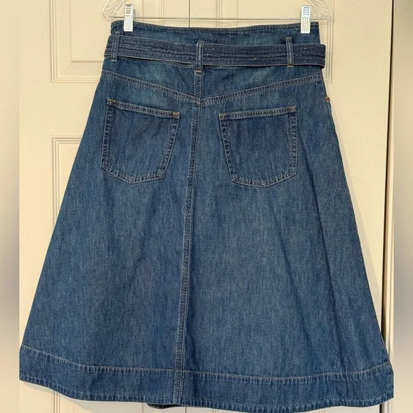 Ralph Lauren Blue Cotton, High Waisted Denim A-Line Skirt with Tie Belt  Size 8 - Picture 3 of 6